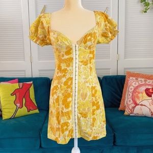 Urban Outfitters | UO Britney Puff Sleeve Hook and Eye Mini Dress Yellow Retro